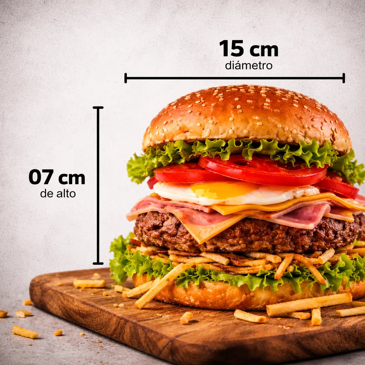 Medidas de la hamburguesa XXL El Rey — 15 cm de diámetro, 07 cm de alto